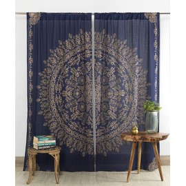 Popular artesanía india hippie mandala bohemio hermosa azul dorado cortina cortina cortina para ventana, recámara, sala de estar, balcón, cenefa