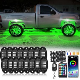 16Pods RGB LED Rock Lights Kit with APP/RF Remote Control Dual Zone Brake, Car Underglow Lights Multicolor Neon Underbody Light for Trucks Pickup Jeep Golf Cart SXS ATV UTV Off Road 12V