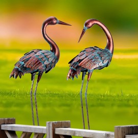 chisheen Crane Garden Statues Outdoor Metal Heron Yard Art Bird Sculpture for Lawn Patio Large Size, Set of 2