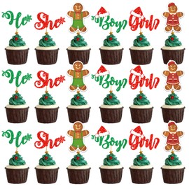 24Pcs Gingerbread Christmas Gender Reveal Cupcake Toppers Christmas Cupcake Toppers Gingerbread Gender Reveal Decorations Gingerbread Cupcake Toppers for Gingerbread Christmas Decorations