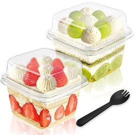 Qyyiguf 100 Pcs Plastic Dessert Cups with Lids and Spoons,8OZ Square Parfait Cups,Disposable Ice Cream Containers for Cupcake,Pudding,Snacks,Yogurt,Parfait,Fruits,Mousse