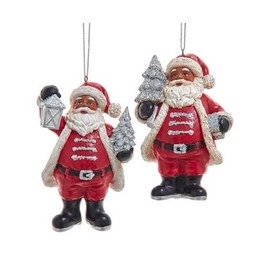 Kurt Adler Ethnic Santa with Lantern and Christmas Tree 4 Inch Red Resin Holiday Ornament; Set of 2