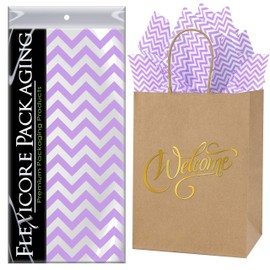 Flexicore Packaging Natural Brown Kraft Paper Welcome Bags & Lilac Purple Gift Wrap Tissue Paper | Size: 8 Inch X 4.75 Inch X 10.5 Inch | Count: 50 Bags | Color: Lilac Purple Chevron