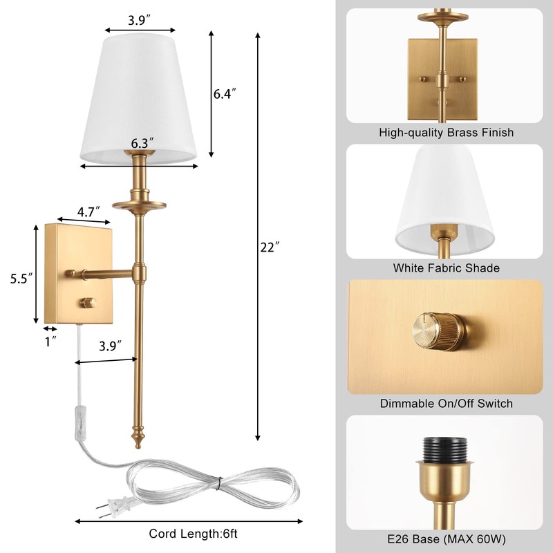 Dimmable Wall Sconces Set of Two, Plug in Wall Sconces