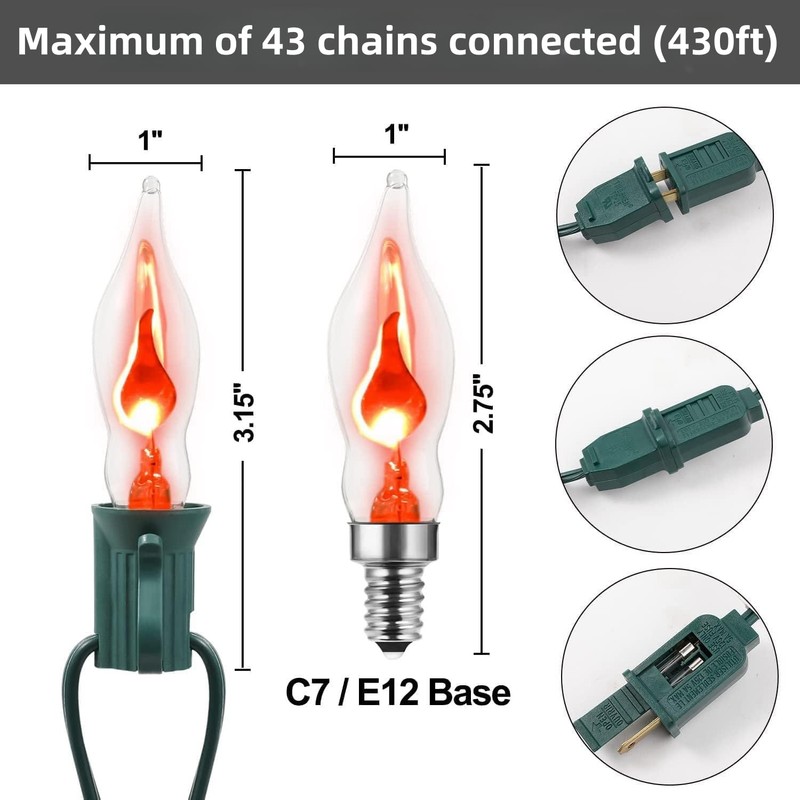 10ft Flickering Flame String Lights Outdoor Indoor, C18/C7 Candlelight Bulb,Retro