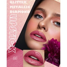 Glitter Metallic Red Lipstick Shimmer Nude Lip Gloss Long Lasting for Women,Diamond Sparkling Shiny Pink Lip Stick Transfer Proof Non Stick Matte Lipgloss,Shimmer High Impact Lip Color Balm Makeup-03