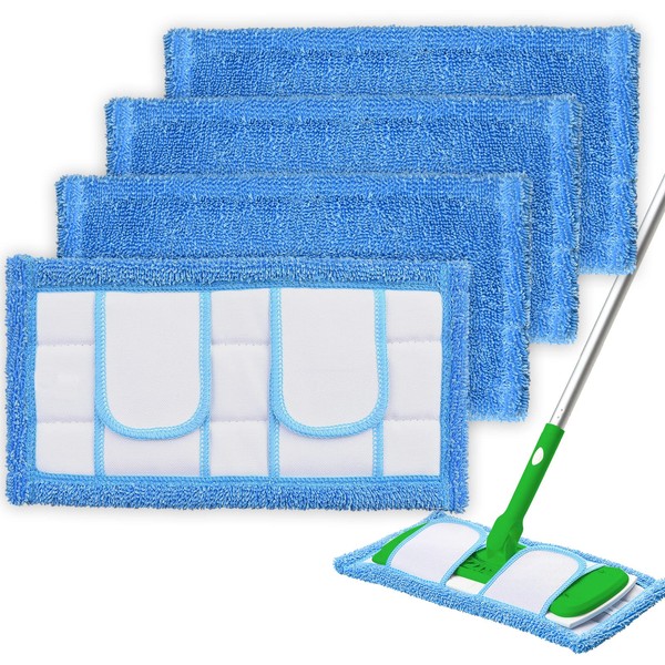 4 Pack Reusable Microfiber Mop Pads Compatible for Swiffer Sweeper & All 10-12 Inch Flat Mop, Upgraded Wet Dry Cleaning Pads for All Hard-Floor, Washable Sweeper Refills