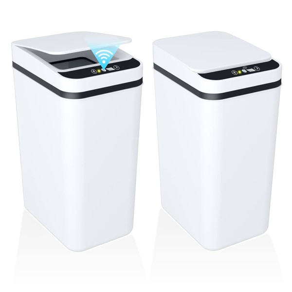 jinligogo 2Pack Bathroom Small Trash Can with Lid, 2.2 Gallon Touchless Automatic Garbage Can Slim Waterproof Motion Sensor Smart Trash Bin for Bedroom, Office, Living Room (White)