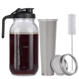 NFFTYUUT Cold Brew Mason Jar iced Coffee Maker, Durable Glass, 64 oz (2 Quart / 1.9 Liter), With Handle& Stainless Steel Filter for Iced Brew Coffee, Lemonade, Ice Tea, Homemade Fruit Drinks Container
