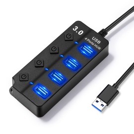 Hoppac USB Hub, 4 Ports USB Splitter with Independent Switches, 1 USB 3.0 Ports, 3 USB 2.0 Adapters for PC, with LED Light, Multiple USB Female for Fast Data Transmission, Black