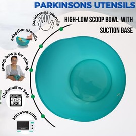 Scoop Bowls for Elderly | High-Low Scoop Bowl with Suction Base | Adaptive utensils | Dish for Adults with Special Needs from Parkinsons, Dementia, Stroke or Tremors