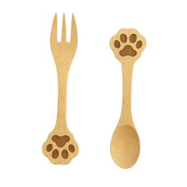 JB Home Collection, Set of 2 Dog Paw Bamboo Spoon and Fork, 5-Inch Mini Utensils for Appetizer, Dessert, Fruit, Ice Cream, Yogurt, Salt, Eco-Friendly Reusable Bamboo Tableware (1, 5-inch)