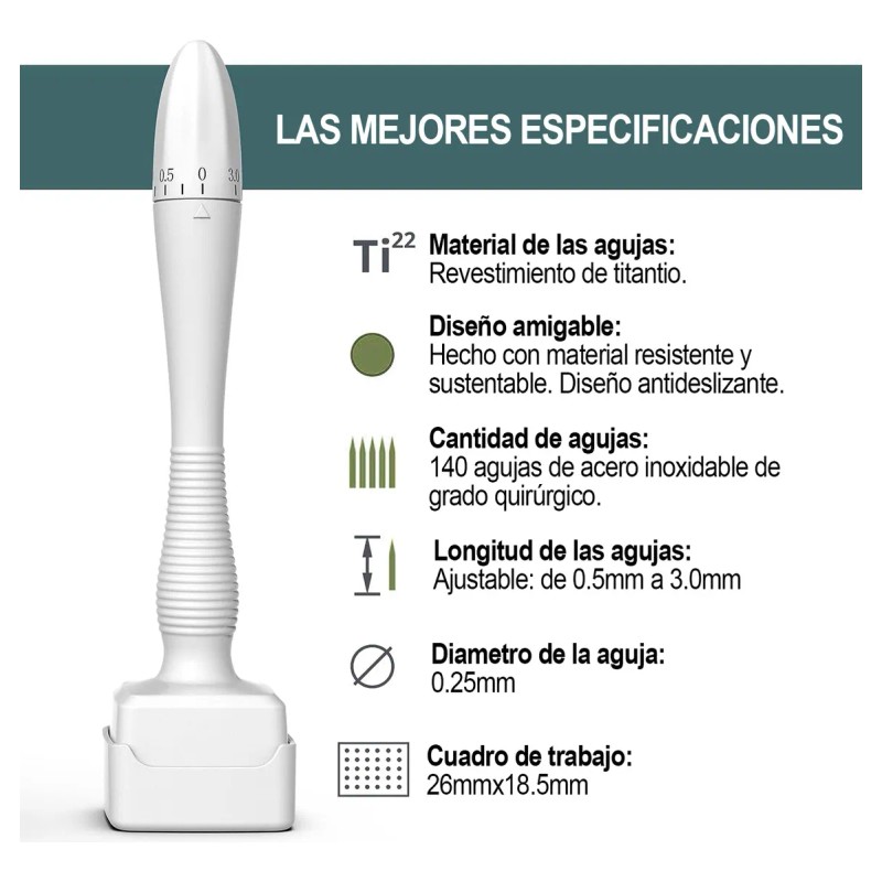Dermaroller Facial Barba 0.5-3 Mm Titanio Regenera Colágeno