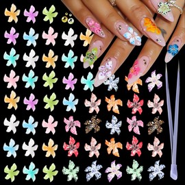 100PCS Nail Charms Acrylic Flower Nail Art Decorations 3D Lily Hibiscus Floral Mixed Caviar Bead Charms for Nails Cute Colorful Resin Flowers with Tweezers Nail Accessories Supplies for Nails Design