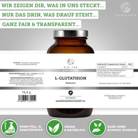 QIDOSHA® L Glutathione Reduces 500 mg per Capsule, Test Winner 01/2024*, Pack of 120 in Pharmacist Glass, L-Glutathione Capsules High Dose, Natural from Fermentation