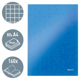 Leitz WOW 46261036 A4 Squared Hardback Notebook 160 Pages 80 Sheets FSC Certified Paper (80 g/m²) High-Quality Laminated Cover Thread Binding for Office, School or Diary, Blue