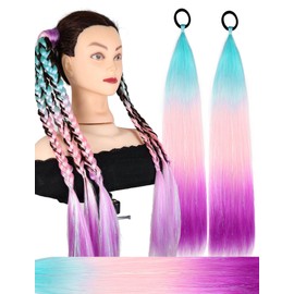 Ponytail Extension 18 inch Light Blue to Pink to PurpleColored Hair Extensions for Braiding Ombre Pony Tail Hair Extensions for Braids with Hair Tie Rave Crazy Hair Day 2 Packs