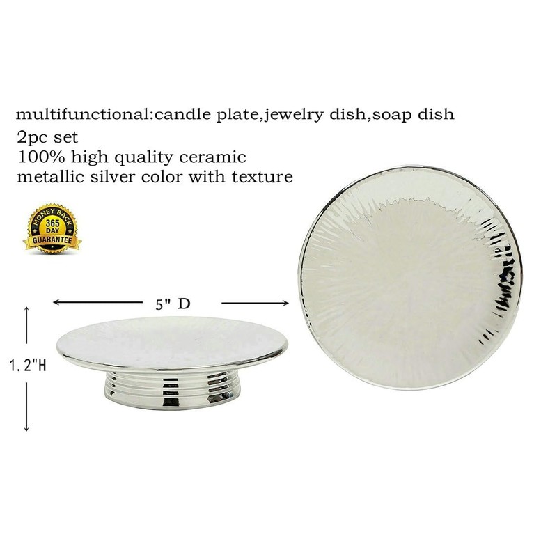 Metallic Silver Ceramic Candle Plate and Jewelry Dish Set of