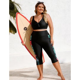 Hanna Nikole Womens Plus Size Capri Board Shorts Printed Sport Swim Pants Green Leaves & Red Flowers 24 Plus