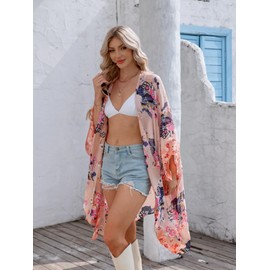 Moss Rose Women's Beach Cover up Swimsuit Kimono with Bohemian Floral Print, Loose Casual Resort Wear