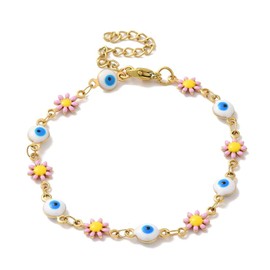 Hemasa Stainless Steel Enamel Daisy Evil Eye Link Chain Bracelets for Women/Girls