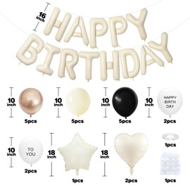Black Gold Birthday Decorations for Men Women Kids,White Sand Cream Happy Birthday Banner Balloons Heart Star Foil Clear White Polka Dot Balloons for Party Decorations Baby Shower