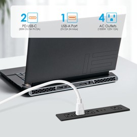 Recessed Power Strip, PD 30W USB C Fast Charging Power Outlet, Furniture Flush Mount Desk Recessed Outlet, Plug in 4 AC Outlets & 3 USB Port with 6.5FT Cord and Ultra Thin Flat Plug