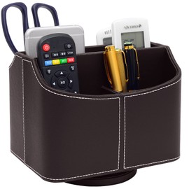 PU Leather Remote Control Holder 360 Degree Spinning Desk Organizer Storage Box for Remote Caddy,TV Guide, Mail, Electronics, Pen,Stationery and Media Storage (Brown)