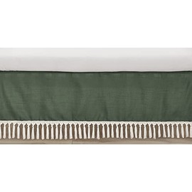 Sweet Jojo Designs Dark Green Boho Chic Girl Boy Unisex Baby Crib Bed Skirt Nursery Dust Ruffle Solid Sage Hunter Ivory Bohemian Gender Neutral Linen Macrame Modern Farmhouse Designer Minimalist Tuft