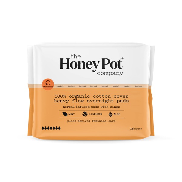 The Honey Pot Company - Overnight Heavy Flow Pads with Wings - Organic Pads for Women - Infused w/Essential Oils for Cooling Effect, Cotton Cover, and Ultra-Absorbent Pulp Core - Feminine Care - 16 ct