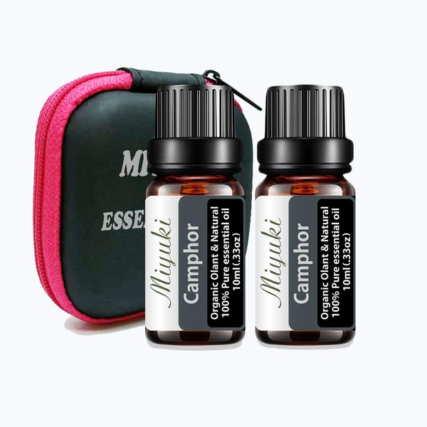 Miyuki 2Pack Camphor Essential Oils Organic Olant & Natural 100% Pure Therapeutic Grade Camphor Oil Perfect for Diffuser, Humidifier, Massage, Aromatherapy, Skin & Hair Care-2x10ml