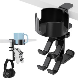 WANYISHUN 3 in 1 Desk Cup Holder with Headphone and Controller Stand, Universal Adjustable & 360° Rotating Clamp on Under Desk Headphone Hanger for Mugs, Headsets, Gamepads, Phone and Pen