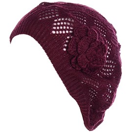 an Womens Beanie Lightweight Fashion Hair Accessory Mini Square Flower Burgundy