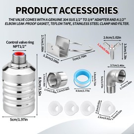 Float Valve, Stainless Steel NPT Thread Leak-Proof Automatic Water Level Control Float Shut Off Valve with 1/2" to 3/4" Adapter 1/2" Elbow for Water Tank Pool Livestock Trough
