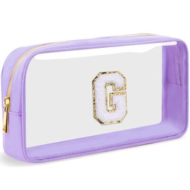 LOFOWN Initial Clear Makeup Bag Small Cosmetic Bag Travel Toiletry Bag Clear Zipper Pouch Purse Organizer Bags for Women, Purple-M, G, Initial Makeup Bag