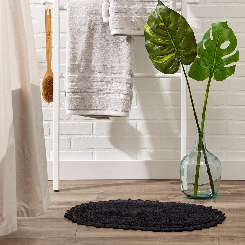 DII Crochet Collection Reversible Bath Mat, Small Oval, 17x24, Black