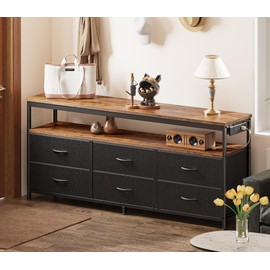 Huuger LED TV Stand for Bedroom, 55 Inch Fabric Dresser with Power Outlets, Entertainment Center for 60, 55 Inch TV, 6 Drawer Dresser for Bedroom, Chest of Drawers with Shlef, PU Leather, Rustic Brown