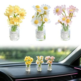 GUOYOU 3 Pcs Daisy Car Decorations, Realistic Cute Car Accessories, Mini Dashboard Accessories for Garden Landscape Home Automotive Dash Decoration Desktop Ornament (Pink White Yellow)