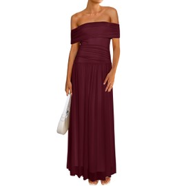 MASCOMODA Women Off The Shoulder Mesh Maxi Dress Bodycon Ruched Formal Sleeveless Pleated Cocktail Wedding Guest Long Dresses(Wine Red,Small)