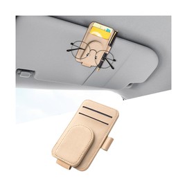 KHGUZ Car Sun Visor Organizer, Magnetic Leather Auto Sunglass Card Pocket Holder for Registration & Drving License, Vehicle Interior Glasses Clip Accessories, Universal for SUV Sedan Truck (Apricot)