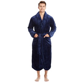 Istylish Men's Plush Shawl Collar Bathrobe, Cozy Housecoat, Robe De Chambre, Peignoir Pour Homme, Soft and Warm Long Winter Fleece Robe Navy Blue X-Large