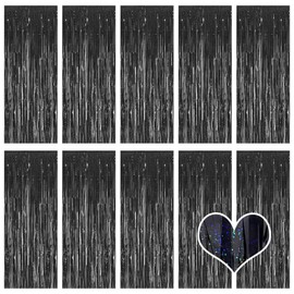10 Pack Black Foil Fringe Curtain Backdrop, 3.2ft x 8.2ft Metallic Tinsel Foil Fringe Curtains, Tinsel Backdrop Streamers Foil Curtain for Birthday Party Wedding Christmas Decoration (Sparkle Black)