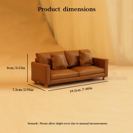Funky Mini House 1:12 Dollhouse Miniature PU Sofa – Handmade Faux Leather Couch with Cushions, Modern Style Mini Furniture for BJD Ob11 Room Scene Decor (Brown)
