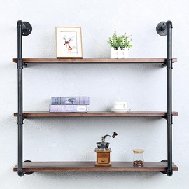 Industrial Pipe Shelving Wall Mounted,36in Rustic Metal Floating Shelves,Steampunk Real Wood Book Shelves,Wall Shelf Unit Bookshelf Hanging Wall Shelves,Farmhouse Kitchen Bar Shelving(3 Tier)