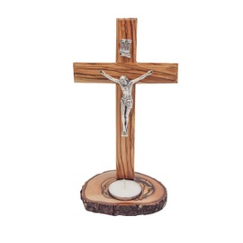 Olive Wood Standing Crucifix Cross (8 Inch), Wood Table Alter Cross with ‘Candle Holder Base’