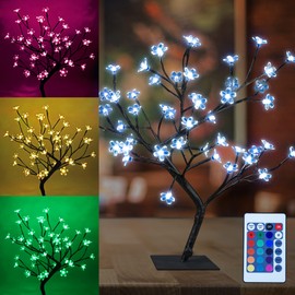 Cherry Blossom Tree Lamp 18IN RGB Tree Lights with 48 LED and 16 Color Modes Remote Control, Japanese Cherry Blossom Decor for Indoor and Outdoor, Adapter Plug in Tabletop Lamp, UL Listed
