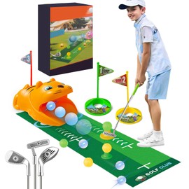 MeYuxg Mini Golf Set Toy for Children, 18 Pieces Indoor Outdoor Mini Golf Set, Mini Golf for Home with 3 Colourful Golf Clubs, 8 Balls, Putting Mat Toy, for Children's Golf Fans (18 Pieces, Yellow)
