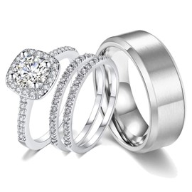 18k White Gold Plated Wedding Ring Sets for Him and Her Women Men Titanium Stainless Steel Bands 2Ct Cz Couple Rings Size 14&9