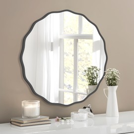FUWU HOME Black Round Wavy Mirror for Wall Decorative 24 inch Modern Wood Round Mirror Whit Wood Frame Circle Wall Mirror for Bathroom Bedroom Living Room Home Entryway