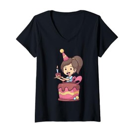 Womens Cute Girl Cartoon Character For Birthday Celebration V-Neck T-Shirt